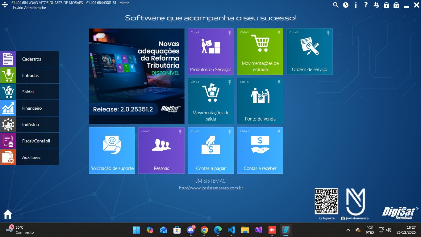 Dashboard do Sistema ERP - JM Sistemas